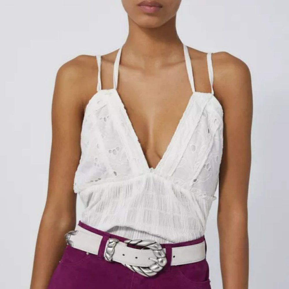 IRO Mireya Eyelet Strappy Halter Neck Peplum Top